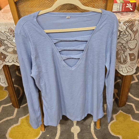 Women Casual Long Sleeve Tunic V-Neck Criss Cross Ribbed Casual Tee XXL - Picture 2 of 5
